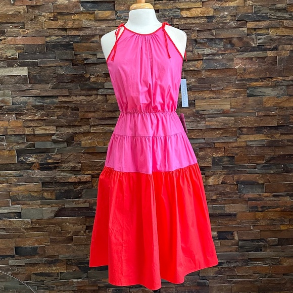 London Times Pink Red Color Block Shoulder Tie Halter A-line Dress Size Small - Picture 7 of 15